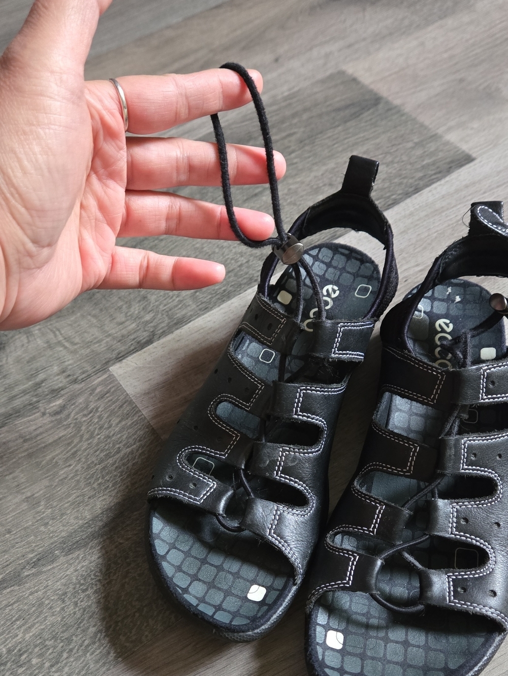 ECCO Black Sporty Lace-Up Slingback Comfort Sandals Leather Outdoor Walking - Picture 4 of 14